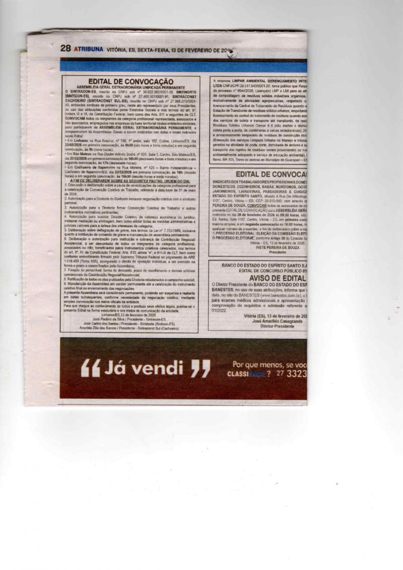 ASSEMBLEIA GERAL EXTRAORDINÁRIA  COM OS TRABLHADORES DA CONSTRUÇÃO CIVIL 2026