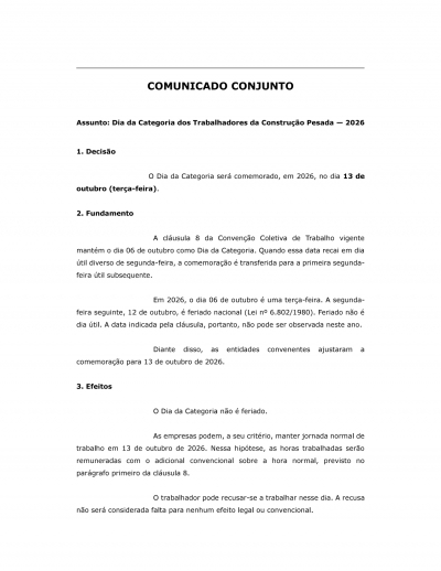 COMUNICADO DO FERIADO DA CATEGORIA CONSTRUÇÃO PESADA