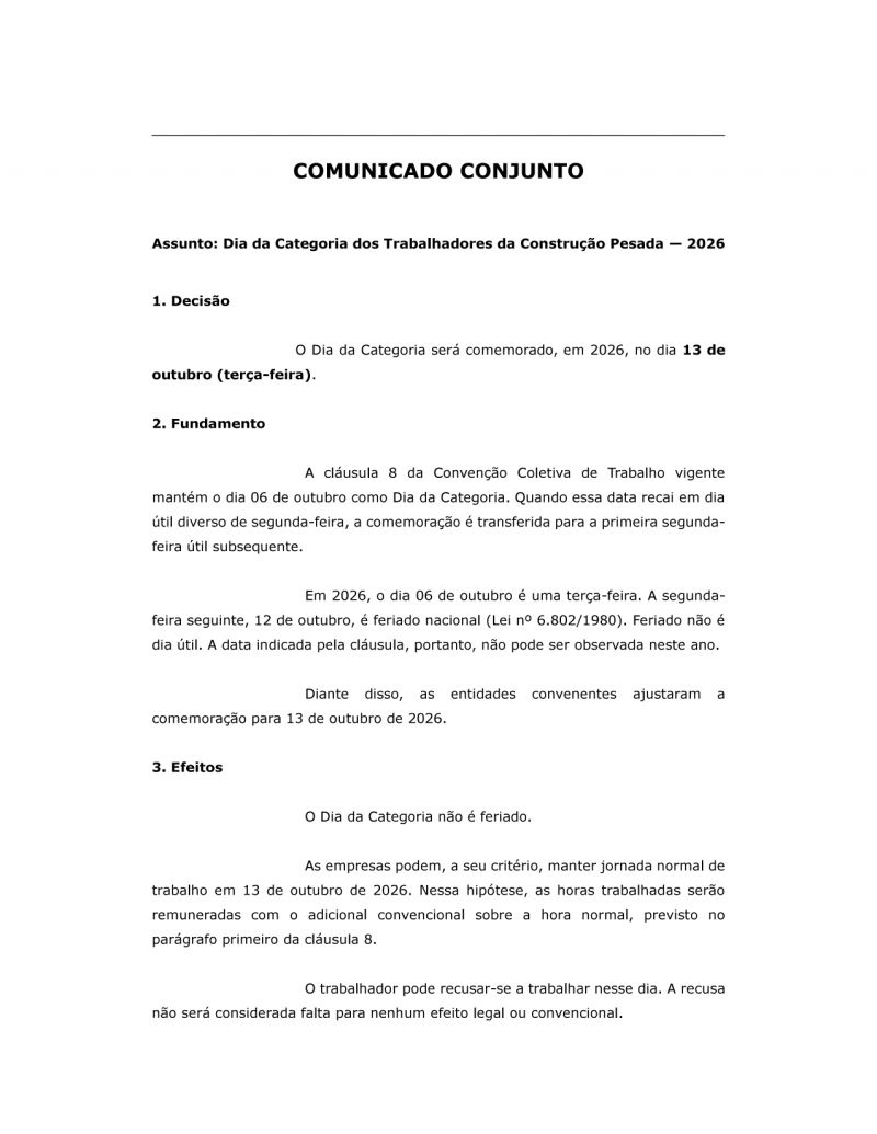COMUNICADO DO FERIADO DA CATEGORIA CONSTRUÇÃO PESADA