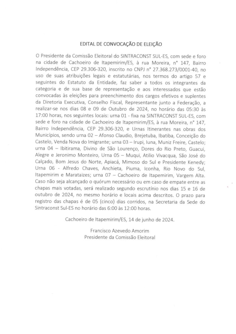 CONVOCAÇÃO DE ELEIÇÃO SINDICAL